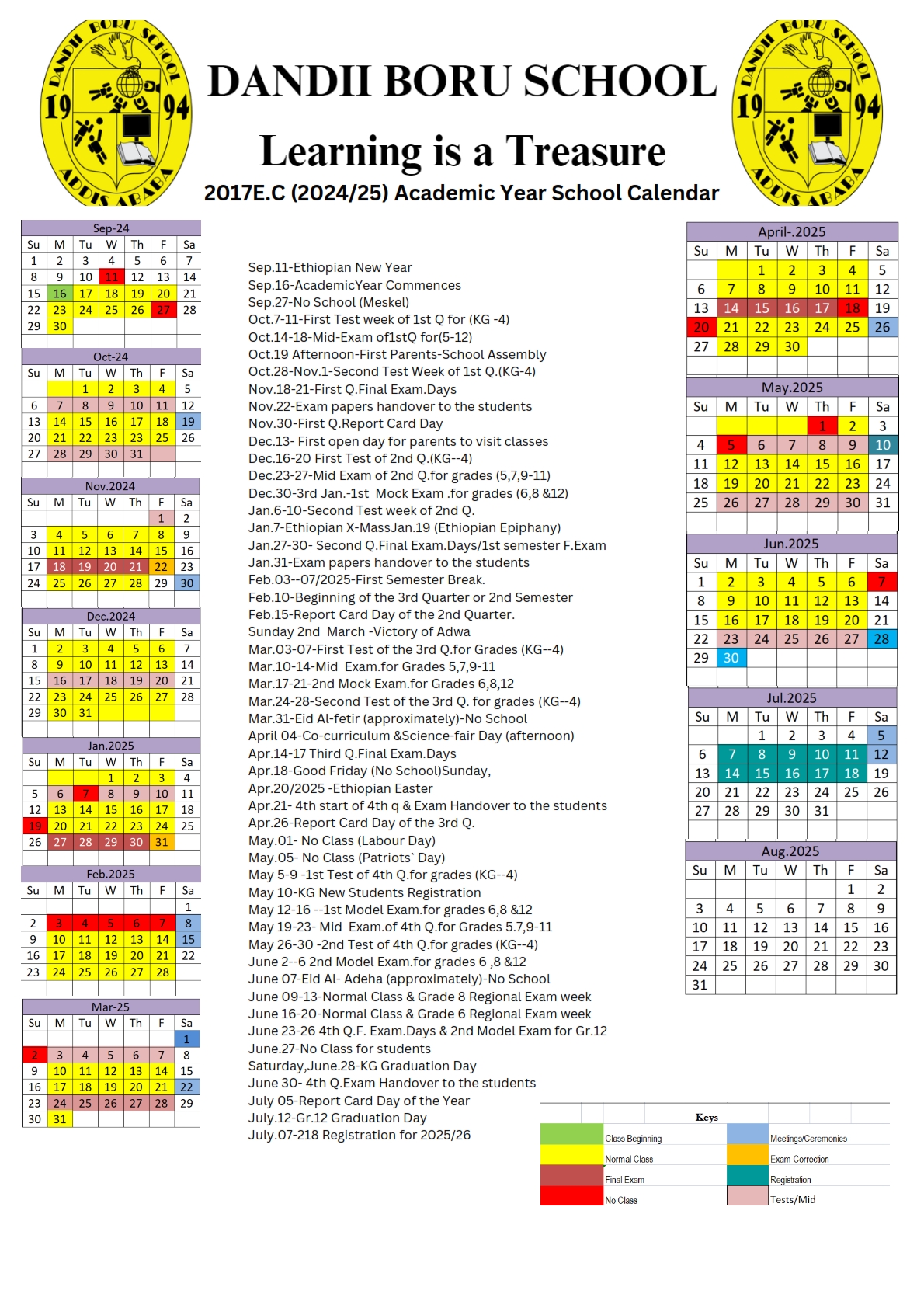 DBS Academic Calender of 2024/2025